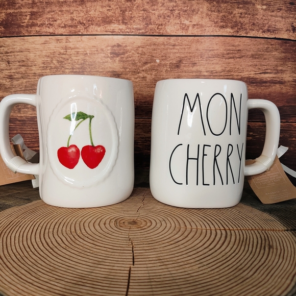 Valentine NWT Rae Dunn Mon Cherry (Mon Cheri) White Mugs Set - Picture 2 of 3